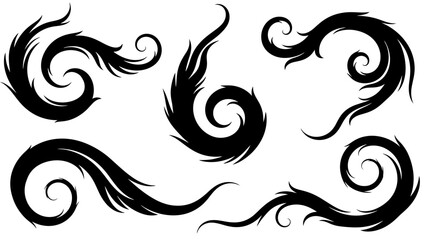 Swirl Ornaments Silhouette: Elegant black swirl ornaments, perfect for adding a touch of artistic flair to any project. These vector elements can enhance any design.