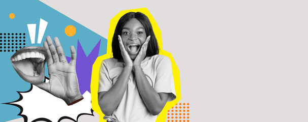 This visual arrangement showcases a woman with an excited expression, surrounded by playful colors and graphics. The design includes a hand gesture and comic-style elements that enhance the mood.