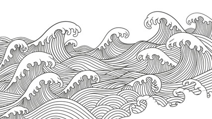 Ocean Waves: a monochrome art piece featuring the dynamic patterns of ocean waves, with meticulously drawn lines creating the illusion of movement and depth. 