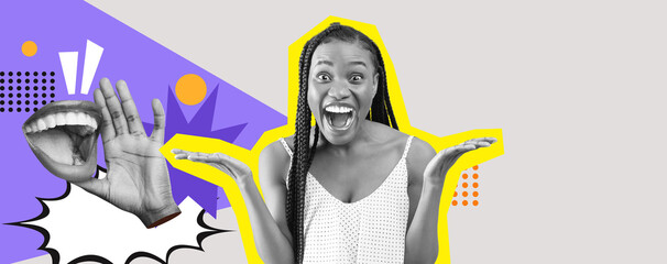 Bright collage shows a joyful woman with raised hands, celebrating with an excited expression. The colorful background features abstract shapes and playful graphics, enhancing the lively mood.