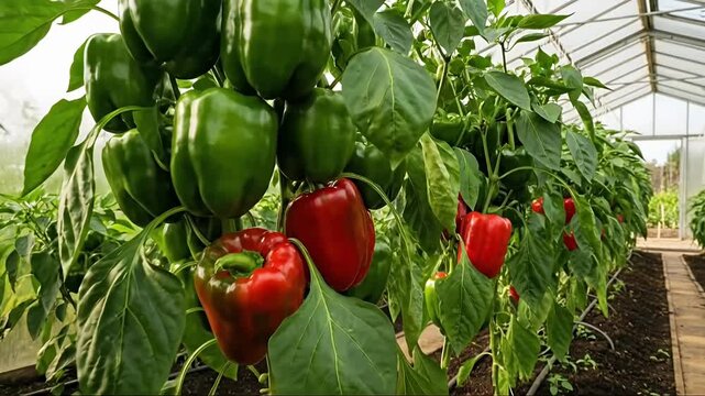 A lush, vibrant indoor farm showcases rows of ripening bell peppers, bursting with rich green and red colors. The healthy plants thrive under controlled conditions within a modern greenhouse structure