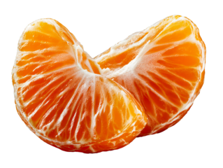 Close up of two ripe mandarin orange segments against black background