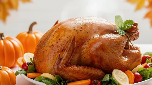 A magnificent, golden-brown roasted turkey takes center stage on a pristine white platter, perfectly cooked with a glossy, crispy skin. It is elegantly garnished with fresh green leafy vegetables, bri