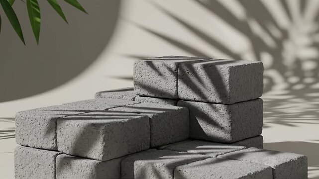 A minimalist studio setup featuring a multi-level display made from rough, gray concrete blocks, meticulously arranged to form a contemporary stepped podium. Sunlight casts intricate, dynamic palm lea