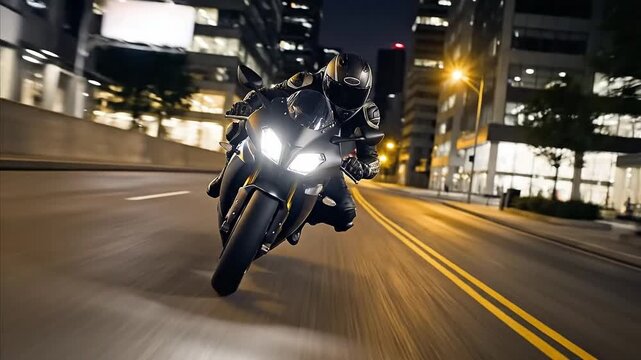 Motorcyclist riding fast on city street at night. Man in equipment driving motorbike at high speed. Generative AI