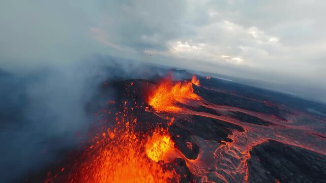 FPV Drone Flight Over Active Volcano Eruption and Lav Flow