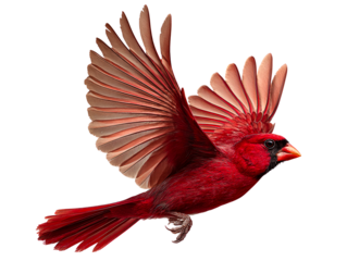 Northern Cardinal in flight, wings spread, white background