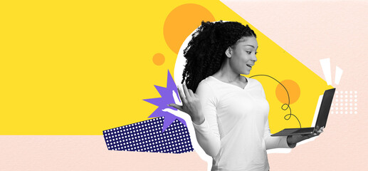 A lively collage features a woman using a laptop, expressing enthusiasm in front of colorful shapes and patterns.