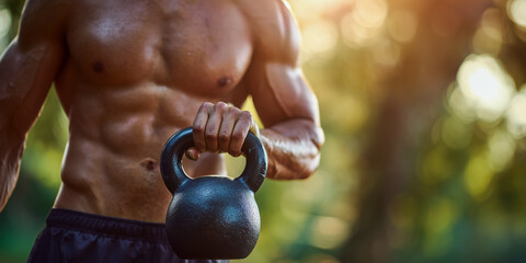 athletic man lifting kettlebell in park highlighting strong arms shoulders and core definition