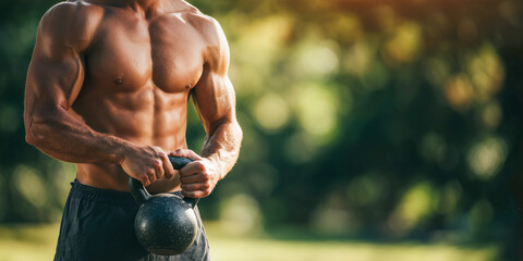 athletic man lifting kettlebell in park highlighting strong arms shoulders and core definition