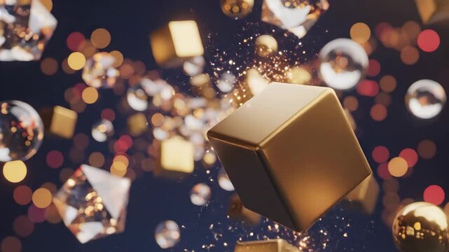 Floating shiny diamond and gold cube with bokeh. Abstract crystal and glitter composition. Luxury product promotion concept.
