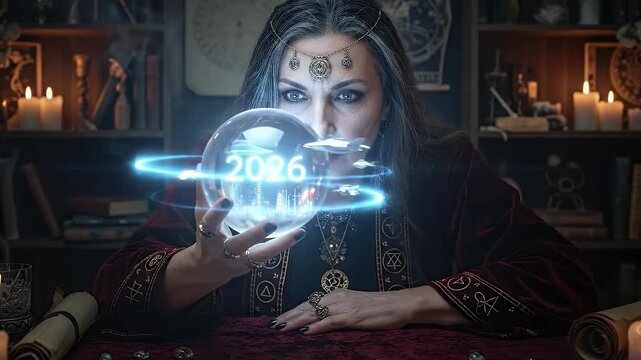 A mysterious and intense figure, adorned with ornate jewelry and a flowing velvet robe, gazes intently into a glowing crystal sphere. Within the sphere, a holographic projection of the year "2026" hov