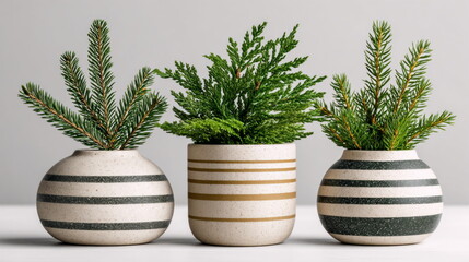 Evergreen branches in striped ceramic pots on white table background