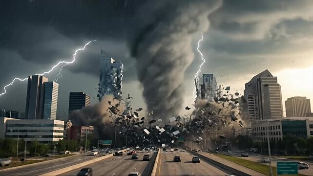 A powerful and destructive tornado tears through a modern metropolitan city skyline under a dark, stormy sky. Lightning flashes dramatically, illuminating the enormous funnel cloud as it wreaks havoc,