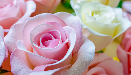 Close-Up of a Dew-Covered Pink Rose Surrounded by Soft Pastel Flowers in Full Bloom