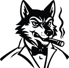 Wolf mascot in suit smoking cigar