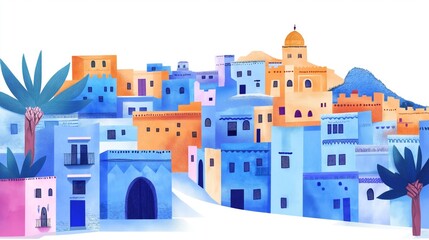 Chefchaouen Blue City. Chefchaouen Blue City hand drawn watercolor illustration on white background