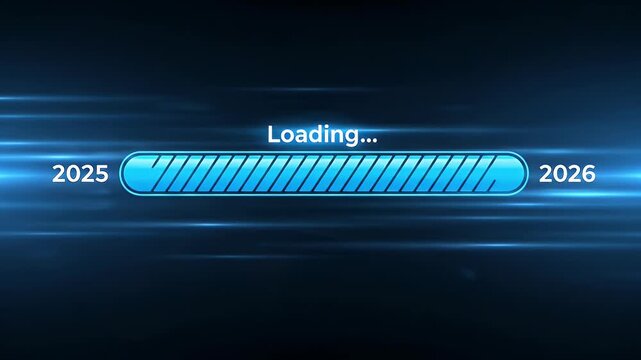 A sleek, futuristic blue loading bar smoothly progresses from the year 2025 towards 2026 on a dark, technologically-inspired background with subtle, glowing horizontal light streaks. This dynamic anim