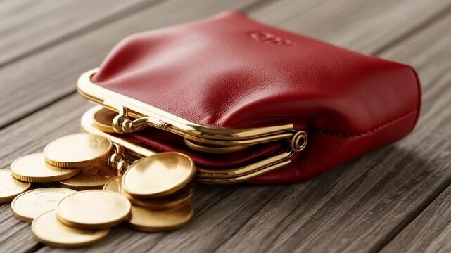 Red coin purse spilling gold coins on a wooden table.