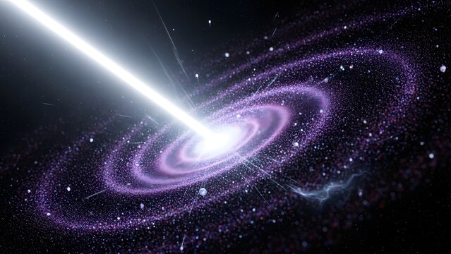 Galactic Beam: A cosmic spectacle unfolds as a brilliant beam of light pierces the heart of a swirling galaxy, an awe-inspiring vision of the universe.