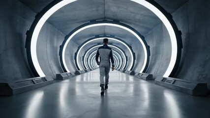 Rear view of man in spacesuit walking through illuminated circular tunnel. Sci-fi atmosphere with neon lights and concrete textures. Perfect for technology, space exploration and futuristic concepts. - Powered by Adobe