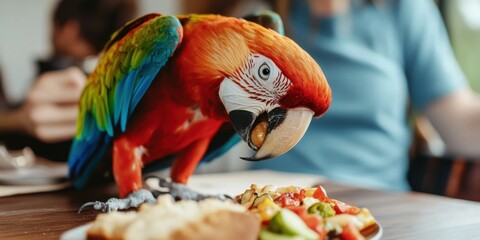 Vibrant Macaw Parrot Enjoying a Meal at a Caf