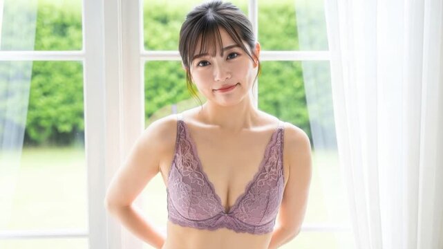 窓際に立ち笑顔を見せるランジェリー姿の若い女性