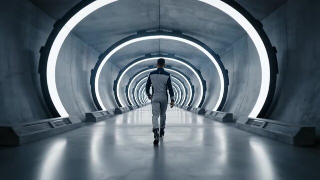 Rear view of man in spacesuit walking through illuminated circular tunnel. Sci-fi atmosphere with neon lights and concrete textures. Perfect for technology, space exploration and futuristic concepts.