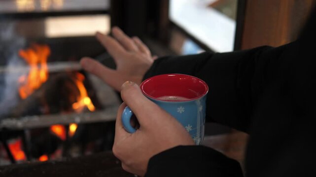 A man warming their hands over a small open fire at a Christmas market. The glowing flames create a cozy contrast to the cold winter atmosphere surrounding the festive outdoor event