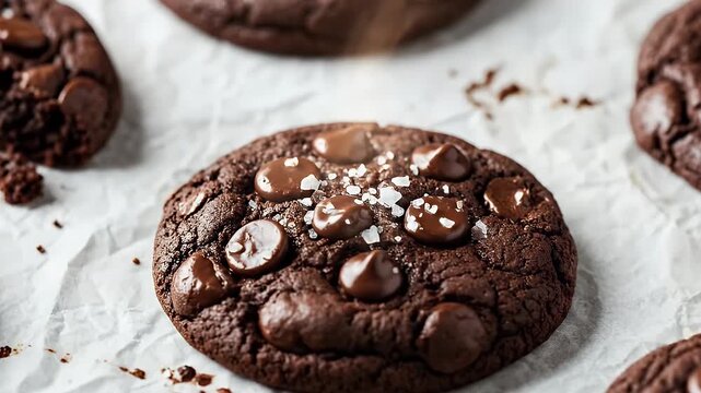 A tempting close-up shot showcases several rich, dark chocolate cookies generously adorned with glistening chocolate chips and a sprinkle of artisanal sea salt, resting on crumpled white parchment pap