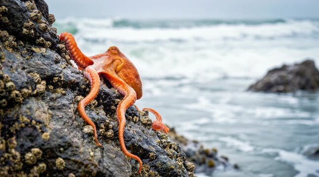 An octopus is navigating the rocky shoreline during daylight in a picturesque coastal region by the ocean