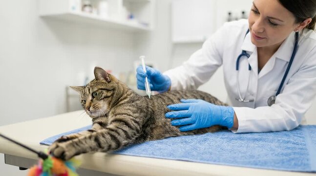 A relaxed cat lying on examination table in vet clinic, female veterinarian in white coat examining pet with blue gloves and gives a preventive injection