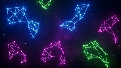 Cosmic Connections: The abstract visualization unveils a stunning network of interconnected neon stars. The design is a digital representation of a celestial map or technological web.