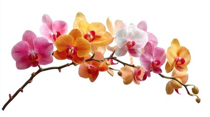 A collection of orchids with multiple colors is displayed on a branch. The flowers show shades of pink orange and white. This scene highlights the beauty of blooming flowers.