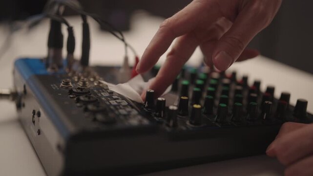 Close-up cropped shot of hand cleaning audio mixing console with soft cloth, removing dust from knobs and faders to ensure proper functionality and prolong life of sound production equipment.