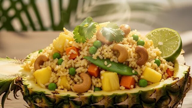 A vibrant and enticing close-up of a delicious pineapple rice dish, artfully served within a hollowed-out fresh pineapple half. The savory rice is generously mixed with golden pineapple chunks, bright