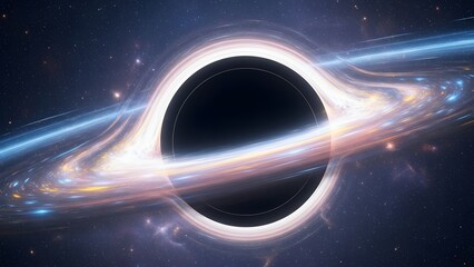 Celestial Enigma: A black hole's gravity warps space and time, surrounded by a swirling disk of matter, revealing the universe's most mysterious phenomena.