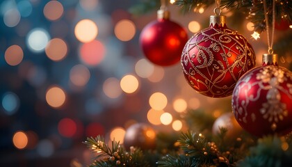 Close up of richly decorated red Christmas ornaments hanging on a festive tree with warm bokeh lights