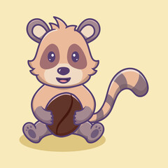Obraz premium Cute Civet Holding Coffee Beans Cartoon Vector Icon Illustration. Animal Food Icon Concept Isolated Premium Vector.