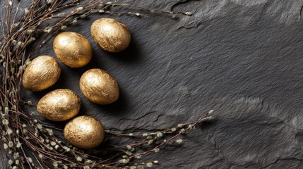 Golden eggs are set beside delicate twigs on a dark stone surface. This scene captures the spirit of spring celebration during the holiday season.