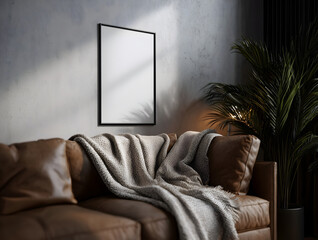 Dark modern minimalistic living room camera positioned at a 35 diagonal angle partially blocked by the back of a leather sofa in the foreground lifestyle setting with s