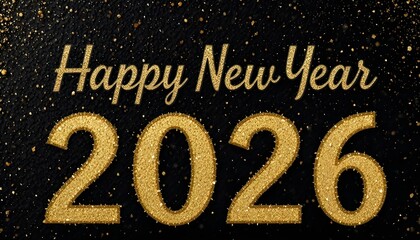 Happy new year 2026 festive golden glitter text on a dark background with sparkling confetti