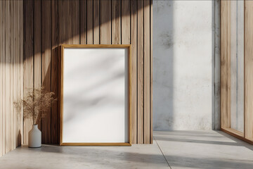 A goldframed poster leaning against a modern wall with vertical wood panels The poster inside is completely blank with a pure white background no text or graphics Sof