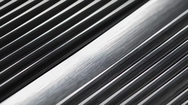 Close-up view of parallel metallic lines creating an abstract pattern. the image highlights the play of light and shadow on the metal surface, offering a sleek and contemporary aesthetic suitable for 