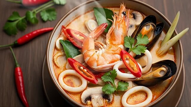 A vibrant, steaming hot bowl of savory seafood soup is presented from a top-down perspective, showcasing a rich, creamy broth filled with succulent prawns, fresh mussels, tender squid rings, sliced ch