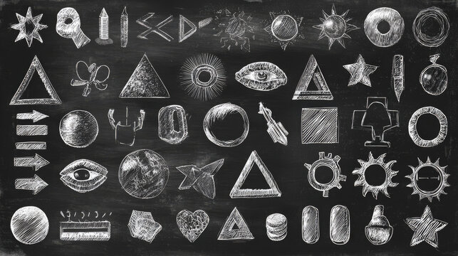 Set of shapes, icons, and scratches in chalkboard style, hand-sketched illustration.
