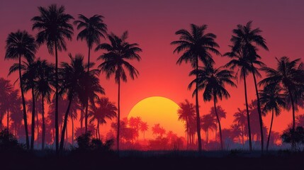 The sun sets behind palm trees in a tropical setting. The sky shows bright colors of orange pink and purple as night approaches. Shadows from the trees create a dark outline.