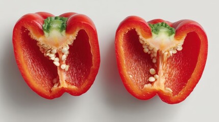 Two halves of a cut red bell pepper are shown side by side. The vibrant flesh and seeds are visible inside the pepper. This shows the inner structure during meal prep.