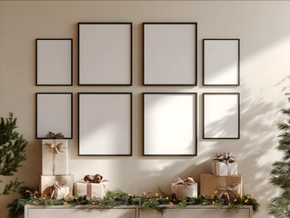 six thin black frames with blank white posters arranged symmetrically in two rows of three on a beige wall above a modern console each with blank white posters subtle