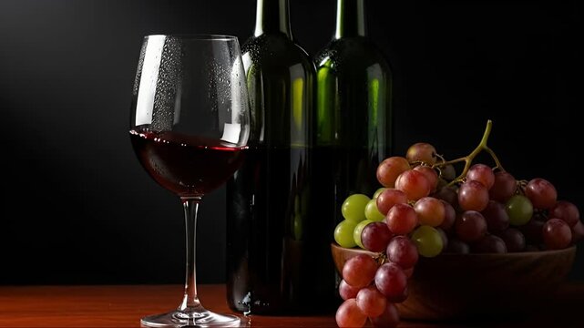 An elegant still life features a glistening glass of rich red wine, swirling gracefully, alongside two dark bottles and a rustic bowl brimming with vibrant red and green grapes. This sophisticated com